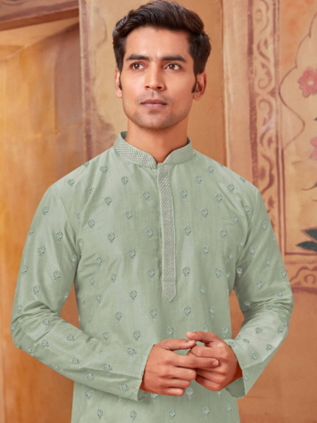 Serenity in Green Pista Green Kurta with White Pajama Ensemble - Rent