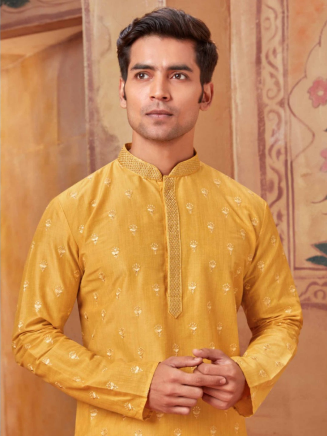 Golden Glow Yellow Kurta and White Pajama Ensemble - Rent