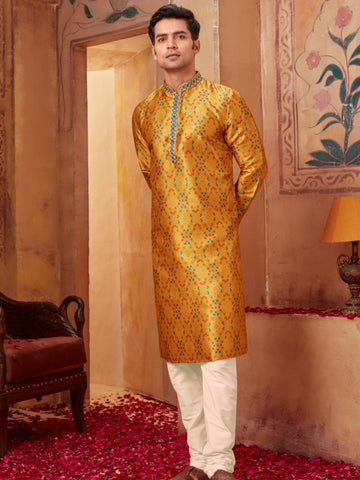 Golden Glow Gold Kurta with White Pajama Ensemble - Rent