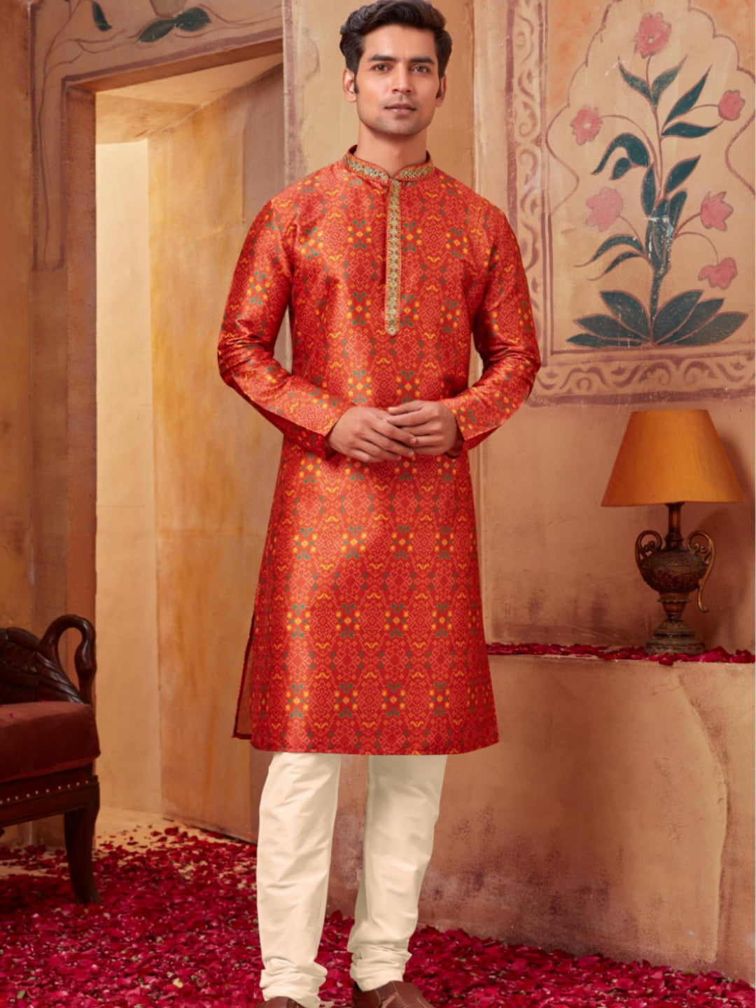 Sunrise Elegance Orange Kurta and White Pajama Ensemble - Rent