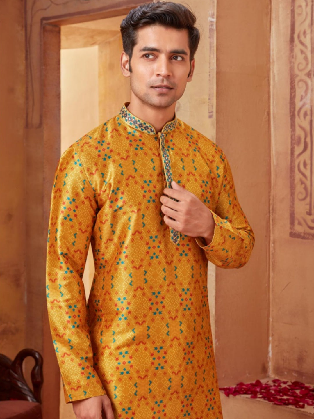 Golden Glow Gold Kurta with White Pajama Ensemble - Rent