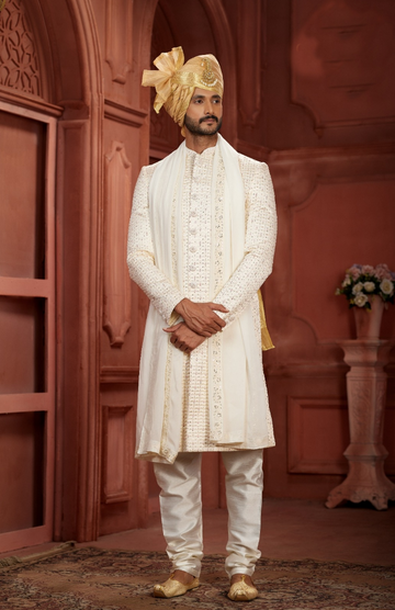 The Timeless Charm of a White Sherwani Golden Turban With A White Dupatta   - Rent