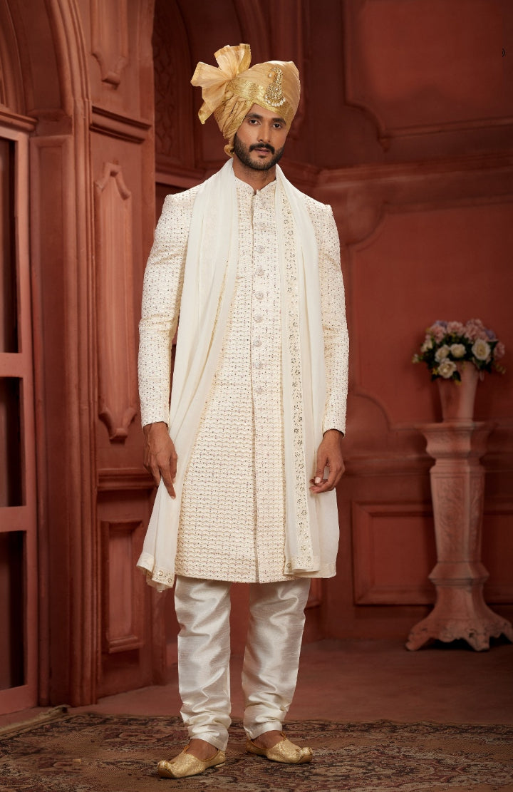 The Timeless Charm of a White Sherwani Golden Turban With A White Dupatta   - Rent