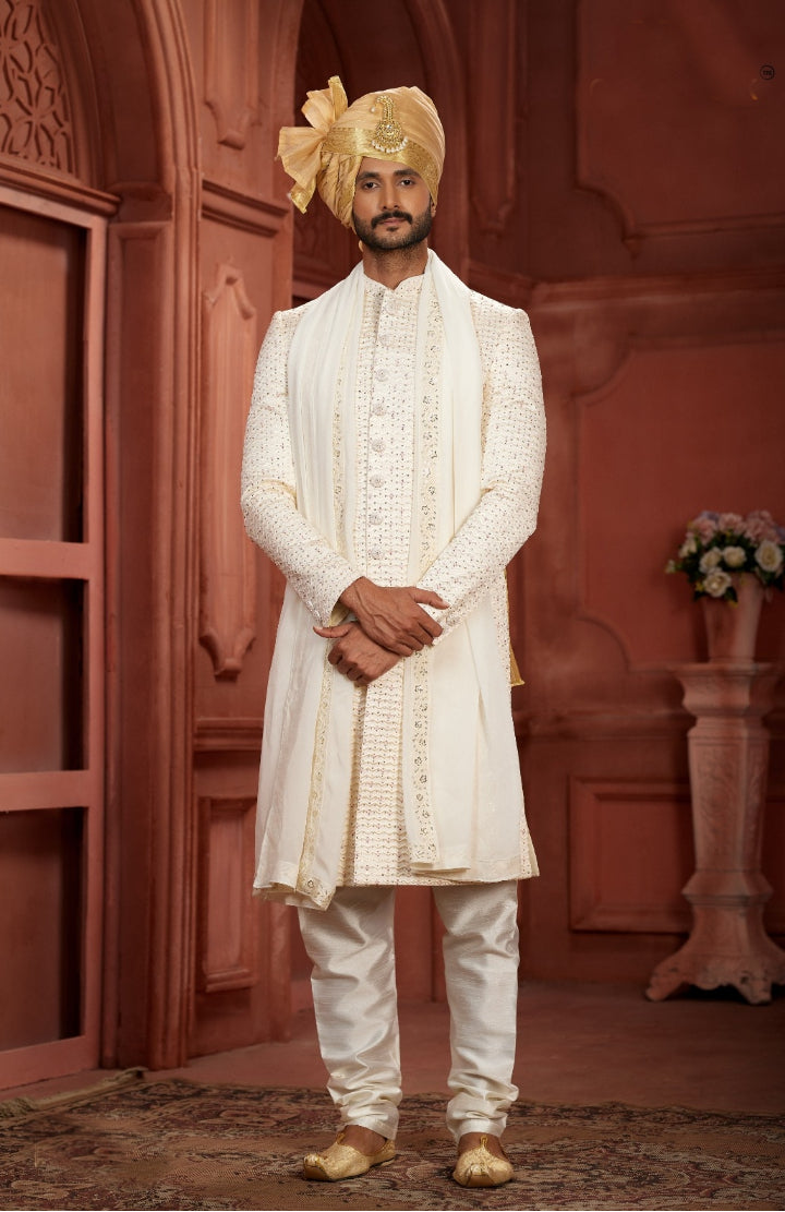 Timeless Charm of a Cream Sherwani  Golden Turban With a White Dupatta  - Rent