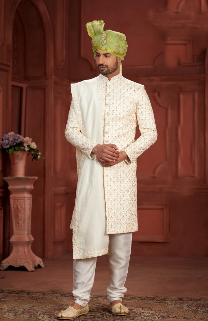 Lovely  Cream Sherwani with a Tan Turban- Rent