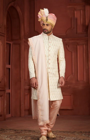 Elegance Cream Sherwani  Rose Turban With a Rose Dupatta  - Rent