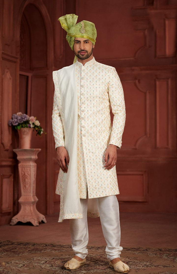 Lovely  Cream Sherwani with a Tan Turban- Rent