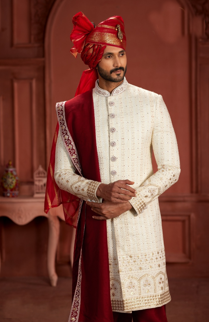 Timeless Charm of a Cream Sherwani with a Red Turban- Rent