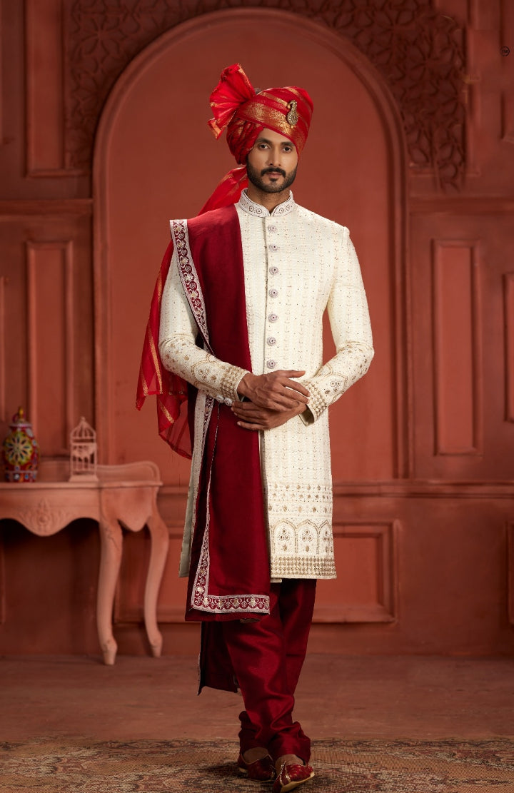 Timeless Charm of a Cream Sherwani with a Red Turban- Rent