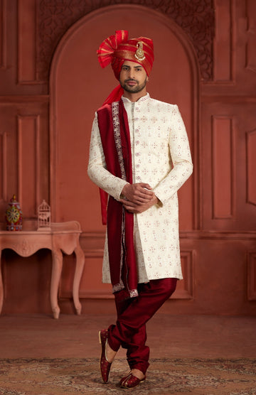 Charm of a Cream Sherwani Red Turban With A  Maroon Dupatta - Rent