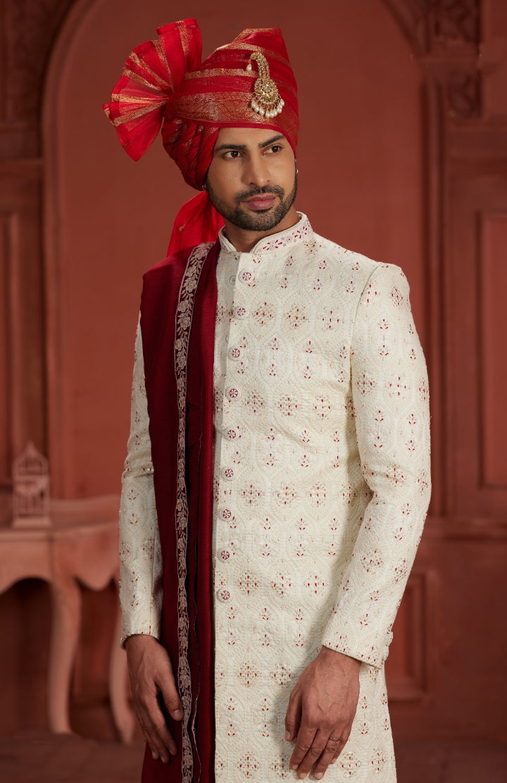 Charm of a Cream Sherwani Red Turban With A  Maroon Dupatta - Rent