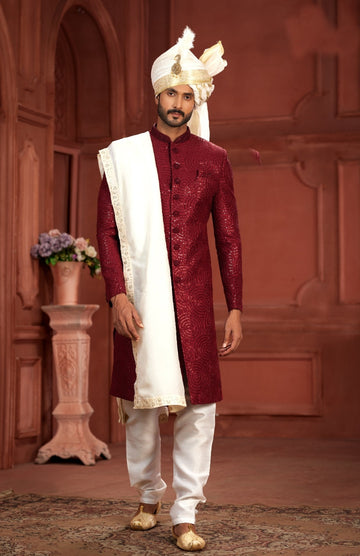 Elegance Redefined  The Timeless Charm of a Maroon Sherwani  White Turban With a White Dupatta -  Rent