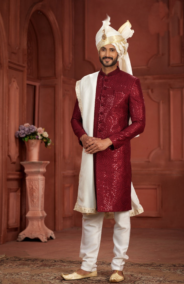 Elegance Redefined  The Timeless Charm of a Maroon Sherwani  White Turban With a White Dupatta -  Rent