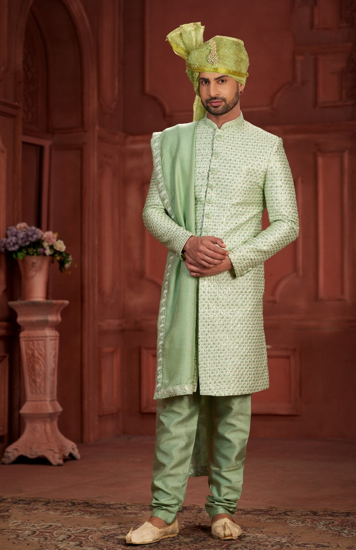 Elegance Redefined  The Timeless Charm of a Green Sherwani  Green Turban With A Green Dupatta - Rent