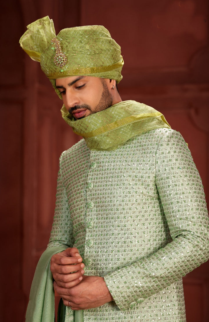 Elegance Redefined  The Timeless Charm of a Green Sherwani  Green Turban With A Green Dupatta - Rent