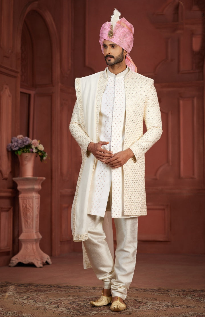 Beautiful  Cream Sherwani Pink Turban With a  White Dupatta - Rent