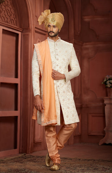 Classic  Cream Sherwani  Golden Turban With A Golden Dupatta - Rent