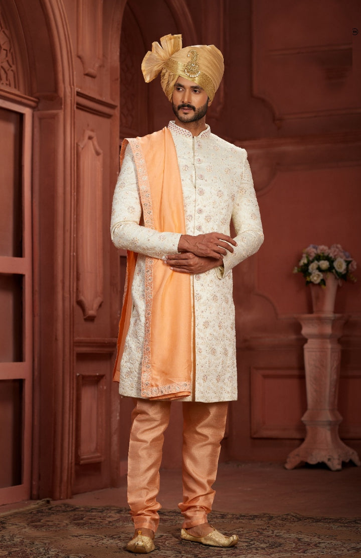 Classic  Cream Sherwani  Golden Turban With A Golden Dupatta - Rent