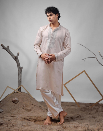 Classic Beige Embroidered Kurta Pyjama Set in Art Silk Refined Ethnic Wear for Men - Buy