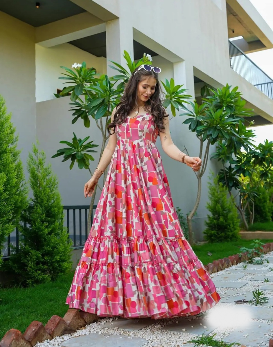 Graceful Moves Pink Rayon Fully Flared Gown with Stunning Digital Print Patterns