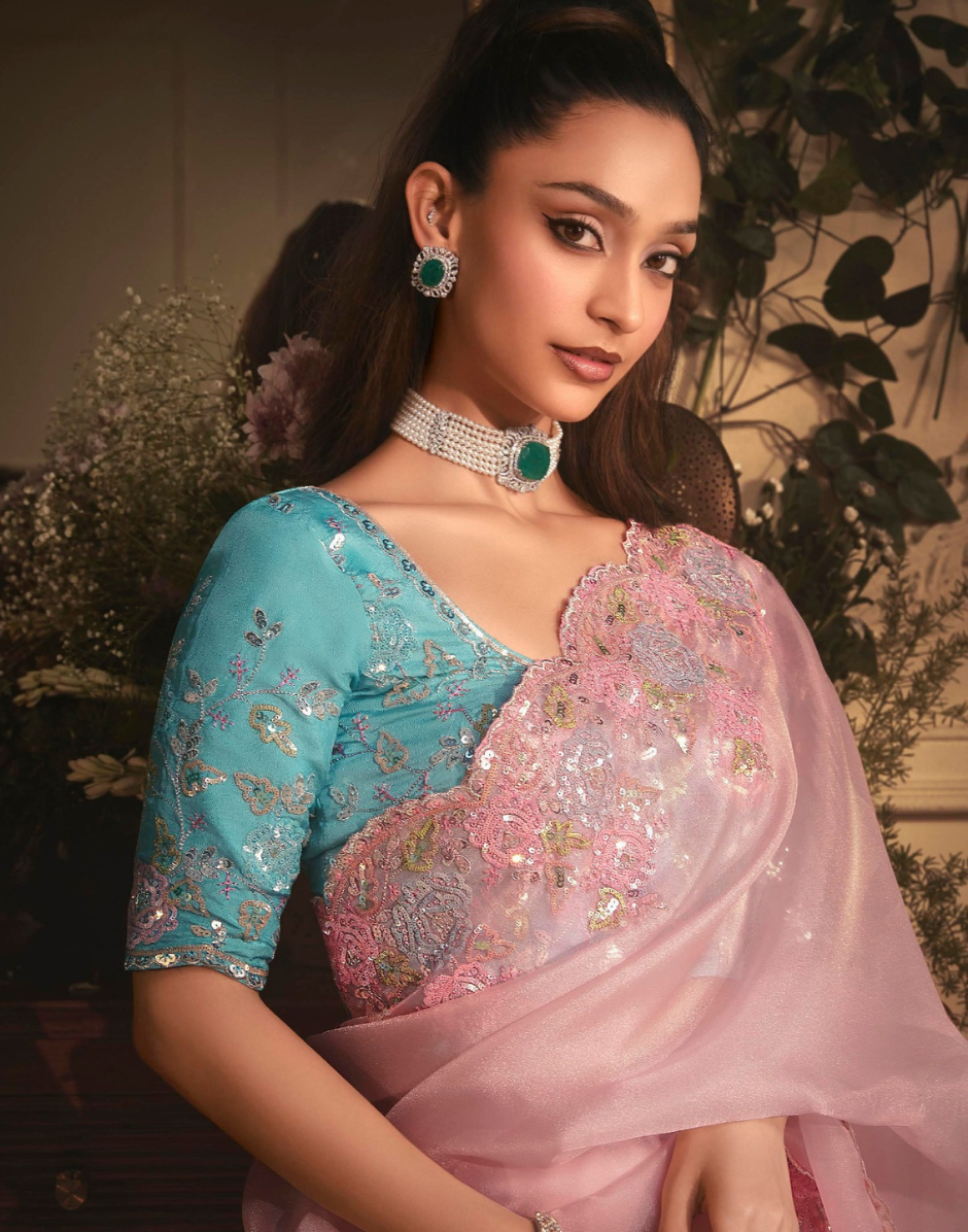 Luxury Blush Pink Organza Saree Designer Butta Work All Over with Heavy Stone Border Embroidery - Buy