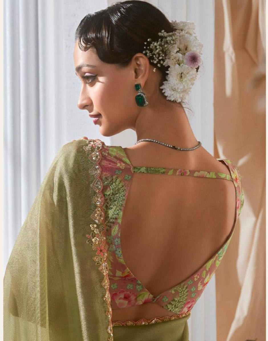 Stylish Lace Saree with Intricate Embroidery and Printed Blouse Bold & Beautiful - Buy