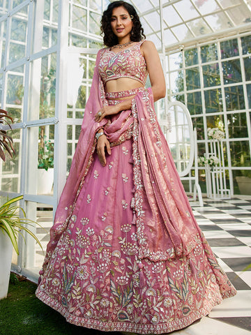 Pink Tissue Fabric with Sequinse & Thread embroidery Lehenga choli & Dupatta