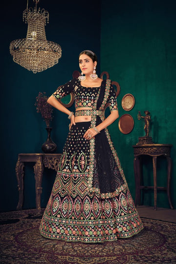 Navy Blue Georgette Net Lehenga - Rent