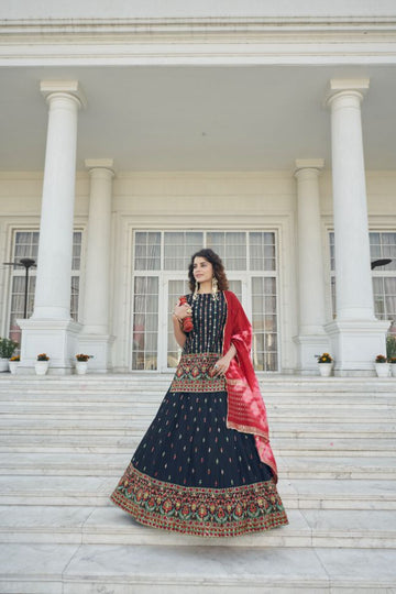 Navy Blue Faux Chiffon Trendy Lehenga Choli - Clearance