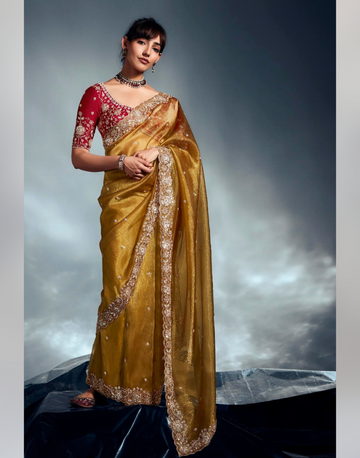 Sunshine Yellow Organza Saree with Rich Khatli Work Border Pure Tissue Fabric & Intricate Embellishments