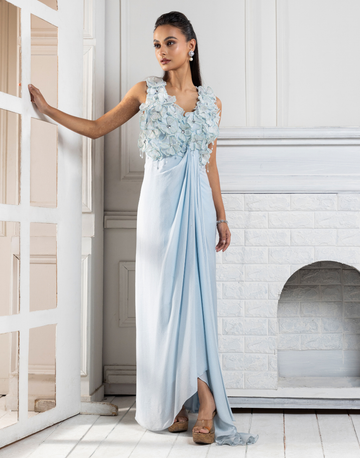 Frosted Blue Petals Flow Gown Blue / S / 7 Days