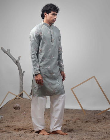 Sophisticated Grey Silk Blend Kurta Pyjama Set with Embroidery Traditional Meets Modern - Buy