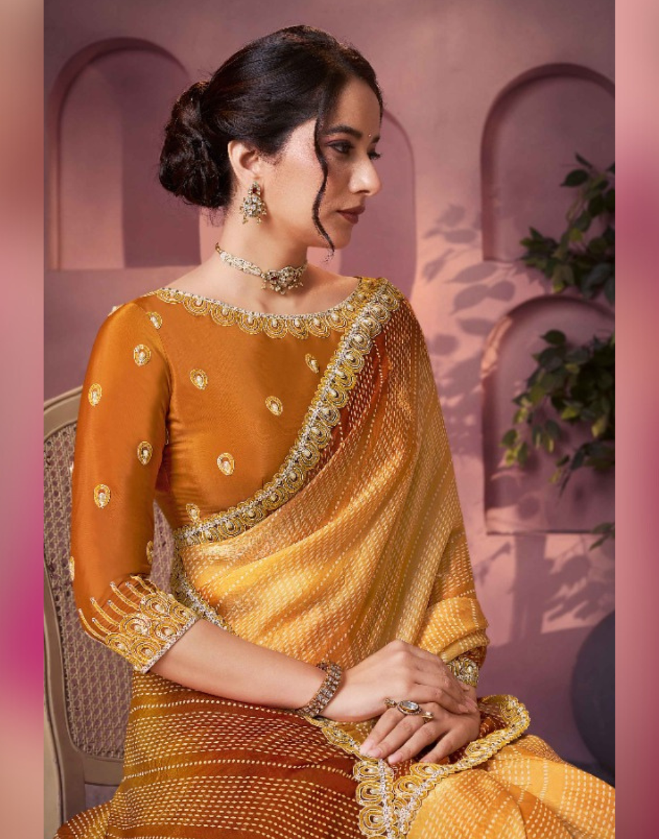 Mustard Satin Silk Bandhani Saree with Two-Tone Shaded Print & Elegant Hand Embellishments - Buy_1