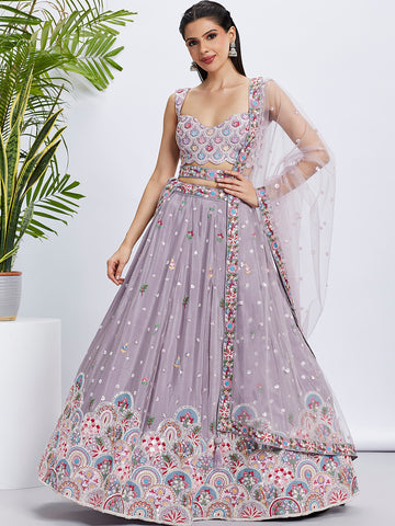 Mauve Pure Chiffon Sequins And Thread Embroidery  Lehenga Choli & Dupatta - Rent