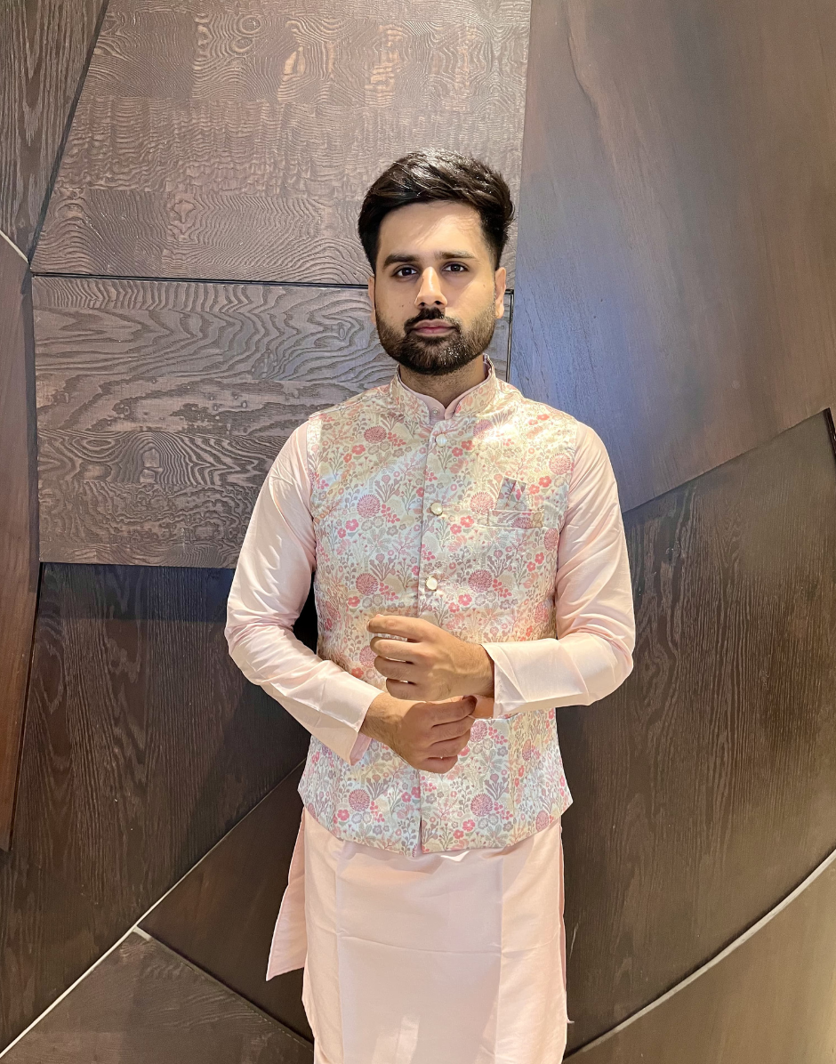 Peach Pure Cotton Mens Kurta Pyjama with Vibrant Jacquard Work & Stylish Koti Festive Ethnic Wear - Buy