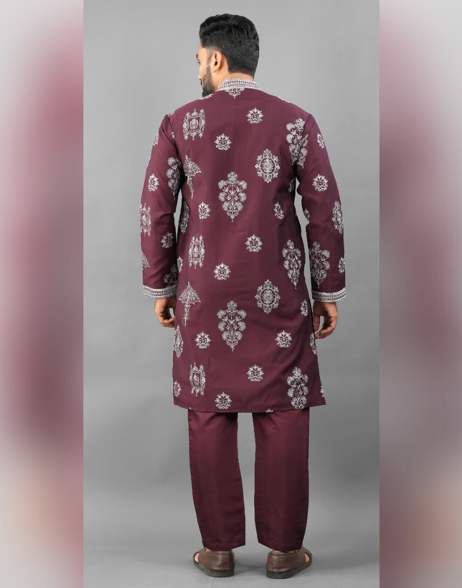 Men’s Ethnic Kurta Pyjama in Printed Art Silk with Detailed Embroidery Stylish Occasion Wear - Buy