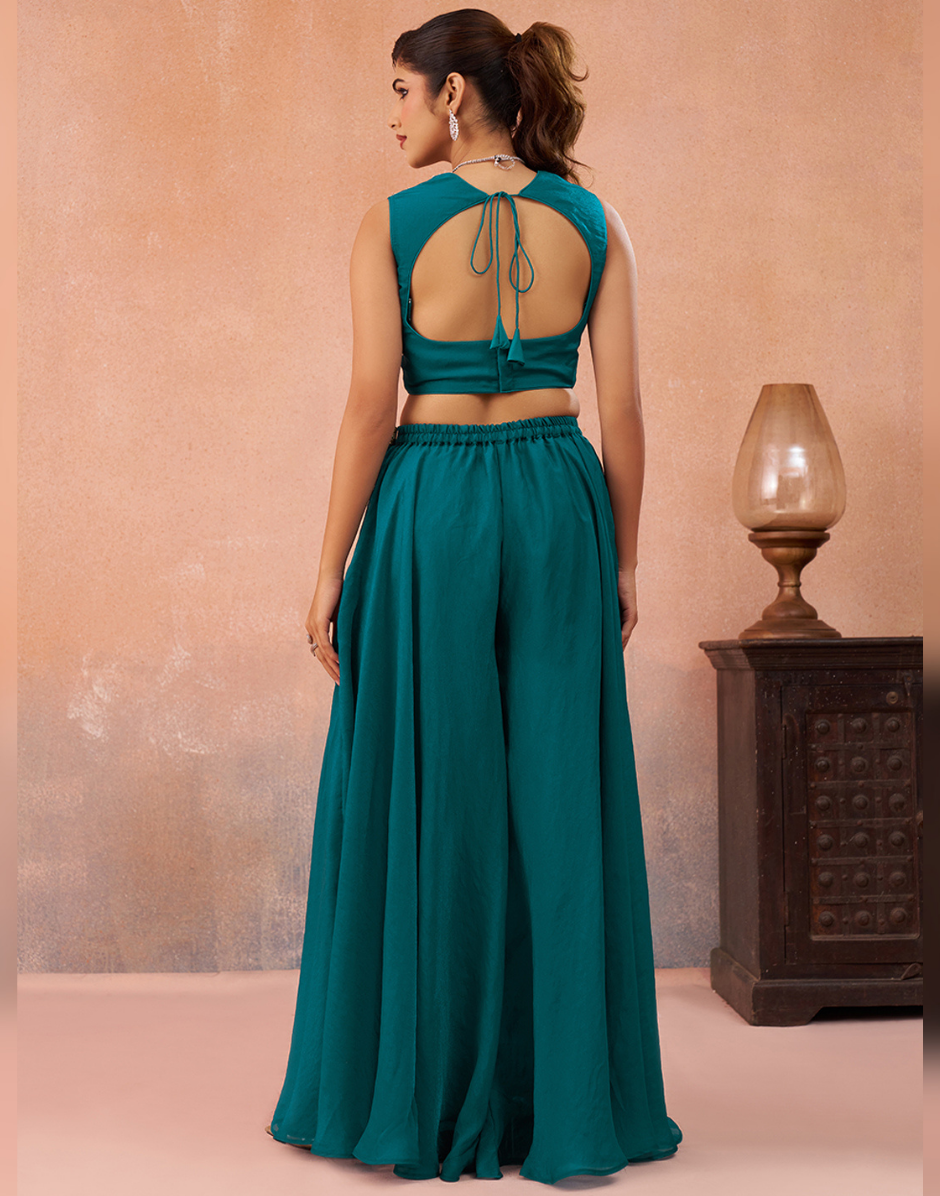 Glamorous Teal Blue Pink Beaded Organza Ensemble with Flared Cape & Palazzo