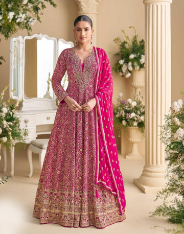Festive Pink Georgette Gown with Intricate Swarovski & Zarkan Embroidery Dupatta Included - Buy