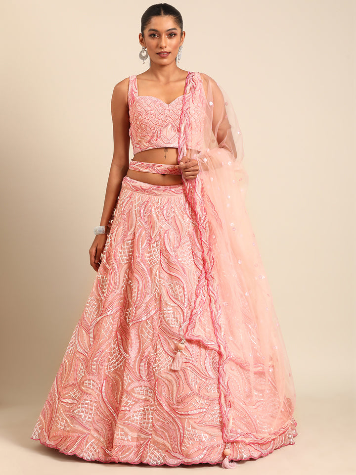 Pink  With Full Net Dupata Colored Lehenga: Timeless Elegance for Every Celebration - Rent