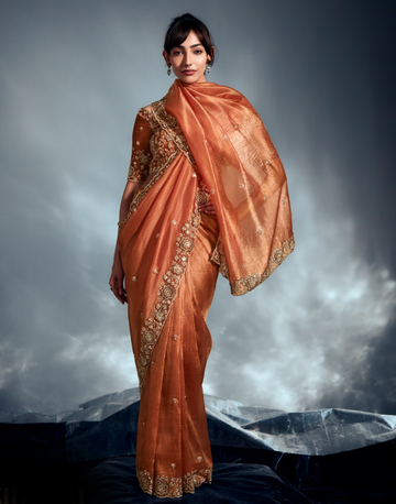 Radiant Orange Tissue Organza Saree Handcrafted Khatli Border with Moti, Sequins & Cutdana Detailing