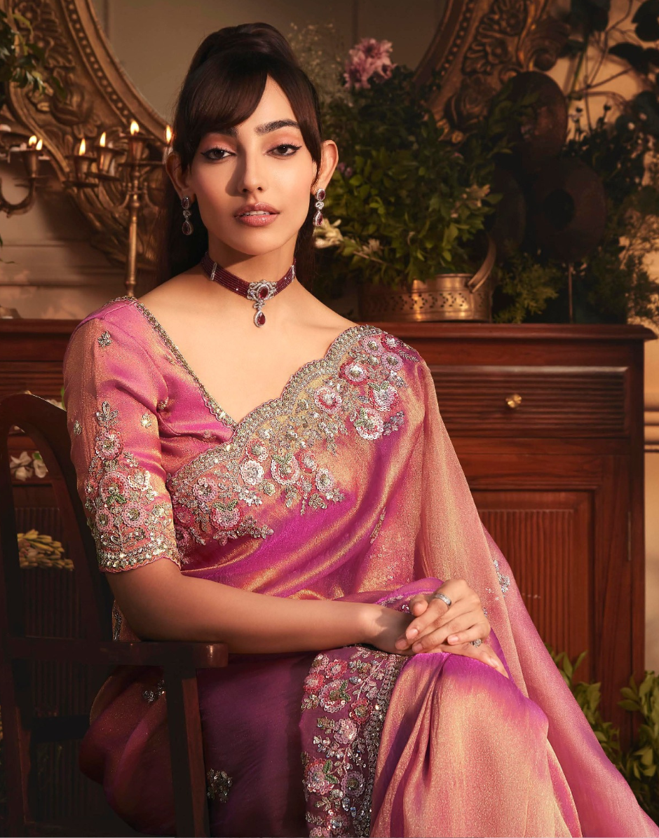 Glamorous Pink Organza Saree with All Over Butta Design & Heavy Embroidered Stone Border - Buy