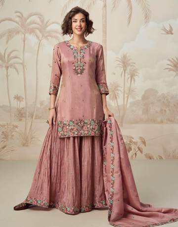 Graceful Rose Pink Floral Embroidered Organza Shimmer Silk Suit Top, Bottom & Dupatta Set