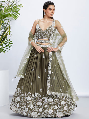 Olive Pure Georgette Sequins And Thread Embroidery Lehenga Choli & Dupatta - Rent