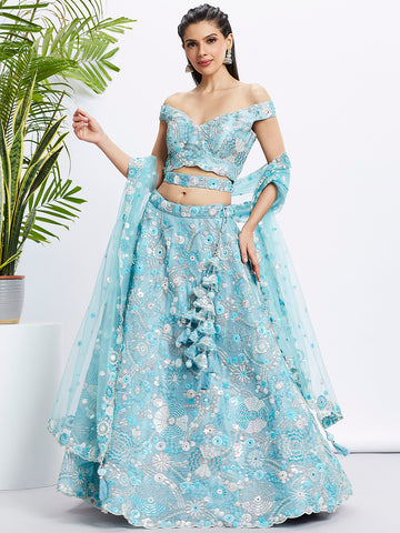 Sky blue Organza Sequins, Zarkan And Thread Embroidery Lehenga Choli & Dupatta - Rent