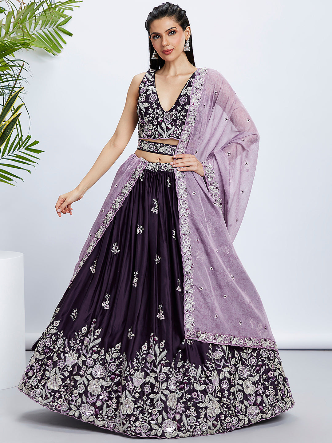 Purple Pure Georgette Sequins And Thread Embroidery Lehenga Choli & Dupatta- Rent