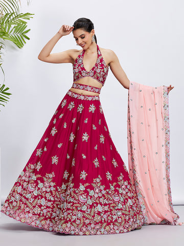 Rose Pure Georgette Sequins And Thread Embroidery Lehenga Choli & Dupatta - Rent