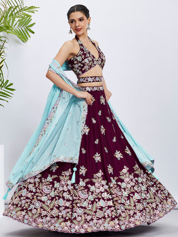 Luxurious Burgundy Pure Georgette Lehenga Choli with Sequins - Rent