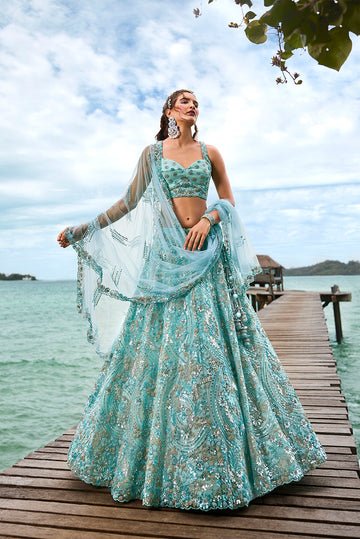 Turquoise Blue Net Sequins and Zarkan embroidery Lehenga choli & Dupatta