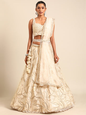 Cream With Full Net Dupata Colored Lehenga: Timeless Elegance for Every Celebration - Rent