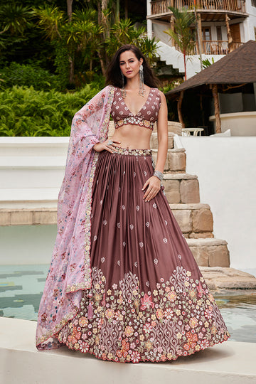 Rose Gold Chinon Sequins Embroidery Lehenga Choli & Dupatta - Rent